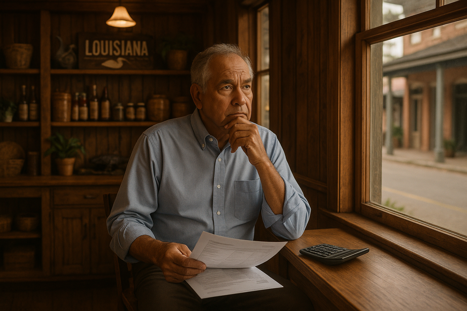 create an image of a retiring Louisiana business owner not sure how to go about selling his business for a fair price