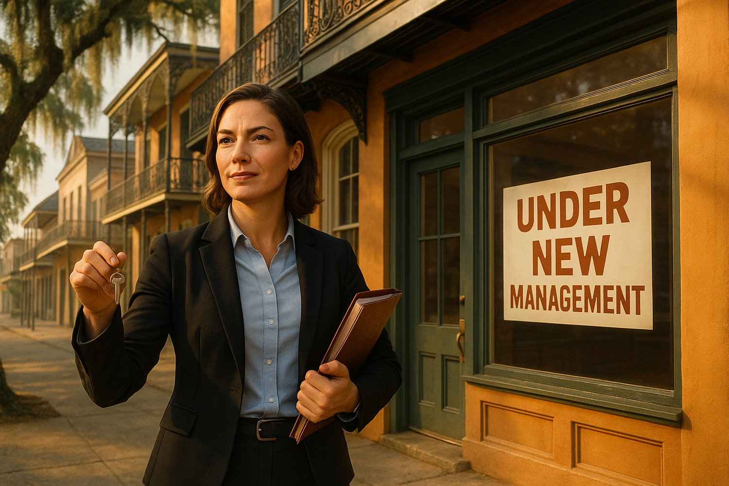 create an image of a younger experienced Louisiana business manager taking over a new business